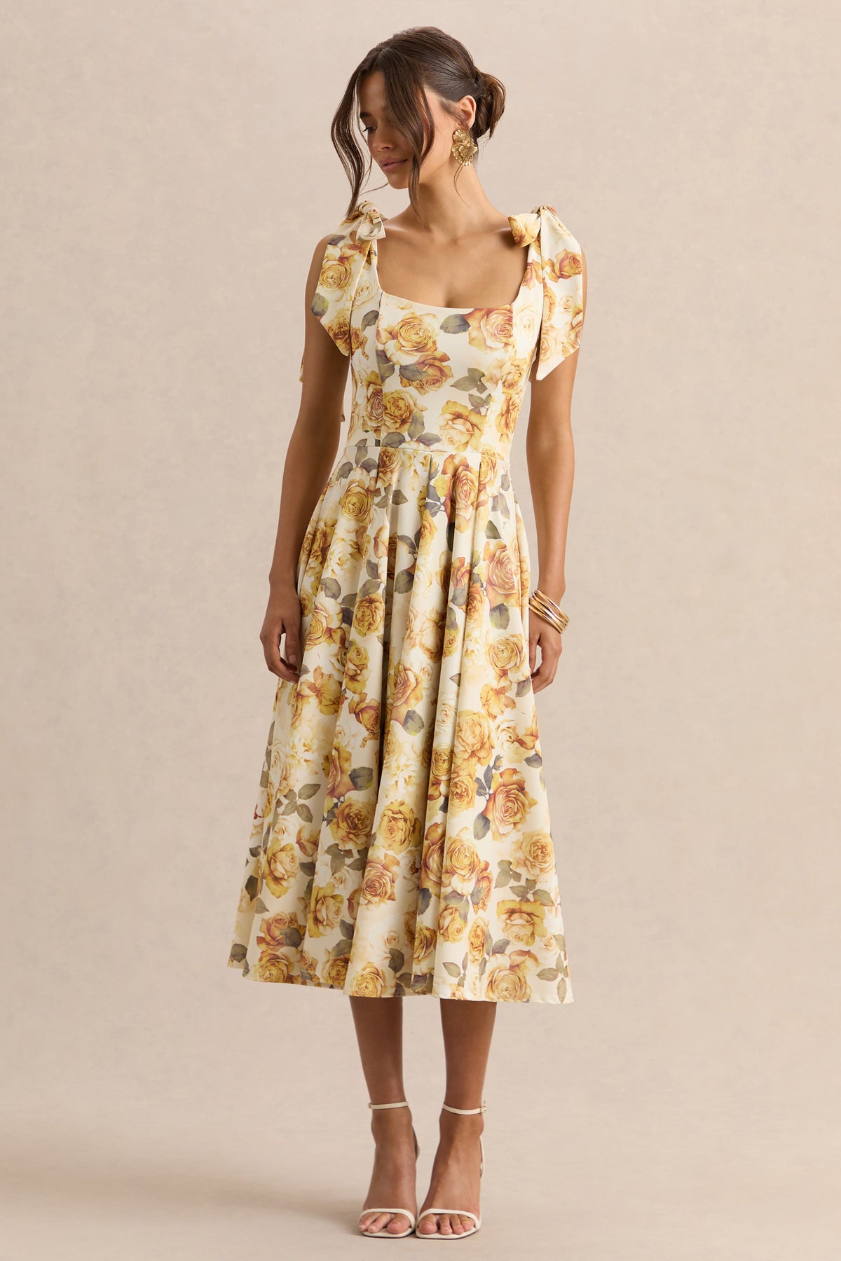 Mena | Vestido Midi Limón Rose Print de Escote Cuadrado With Bow Sleeves
