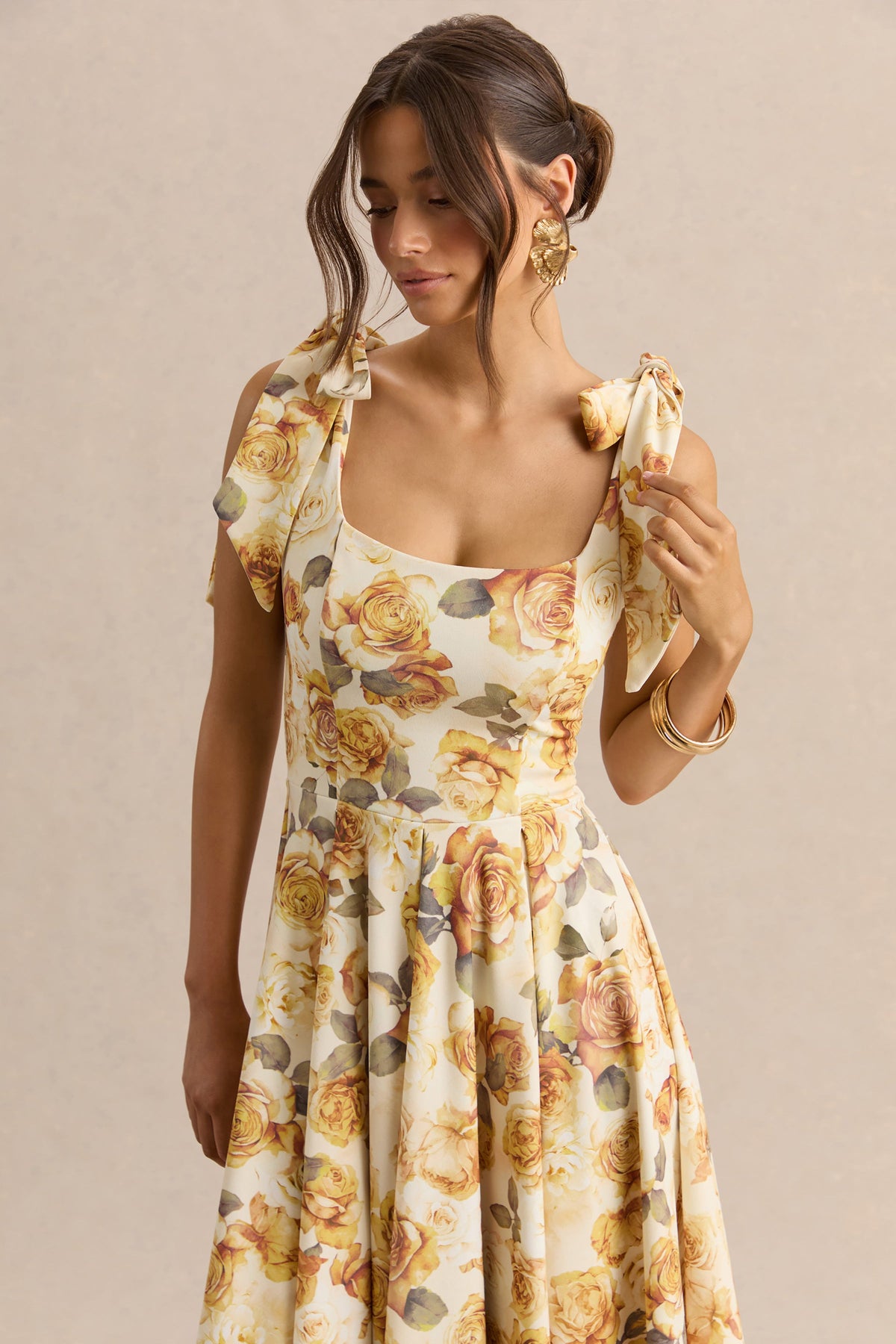Mena | Vestido Midi Limón Rose Print de Escote Cuadrado With Bow Sleeves