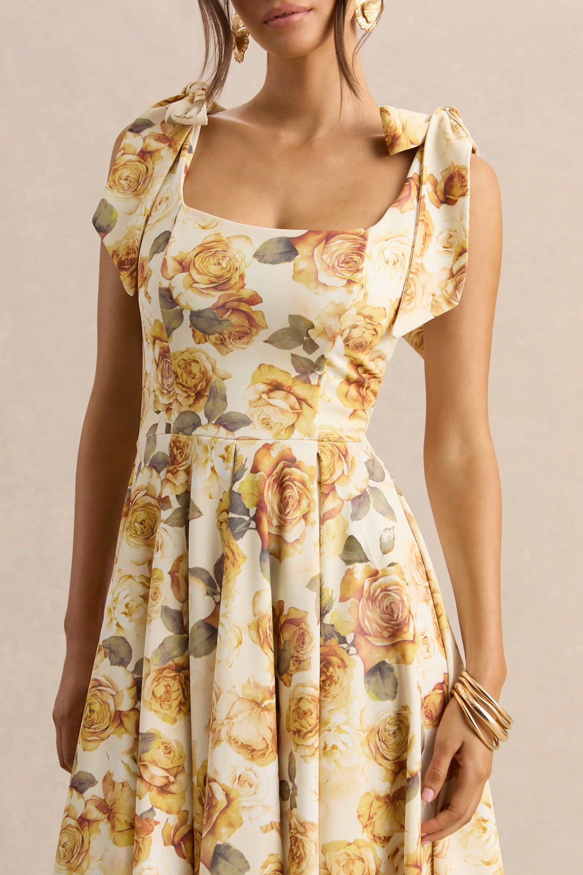 Mena | Vestido Midi Limón Rose Print de Escote Cuadrado With Bow Sleeves