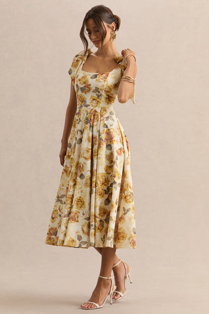 Mena | Vestido Midi Limón Rose Print de Escote Cuadrado With Bow Sleeves
