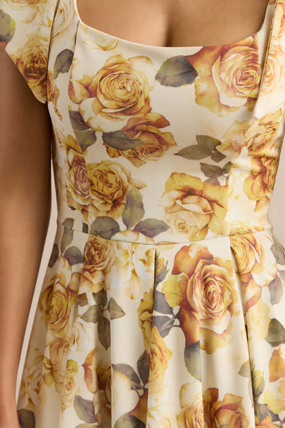 Mena | Vestido Midi Limón Rose Print de Escote Cuadrado With Bow Sleeves