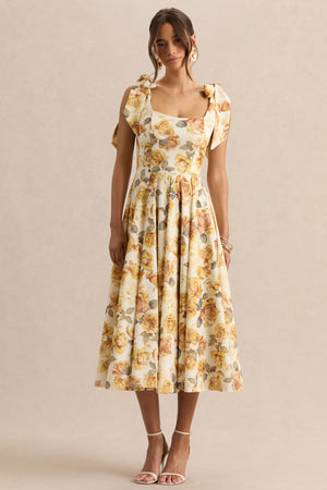 Mena | Vestido Midi Limón Rose Print de Escote Cuadrado With Bow Sleeves