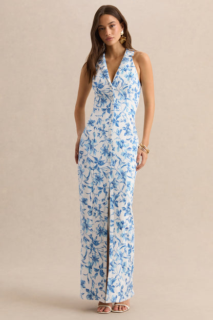 Quinn | Vestido Largo Azul Con Estampado De Porcelana De Crepé Premium Con Escote Profundo