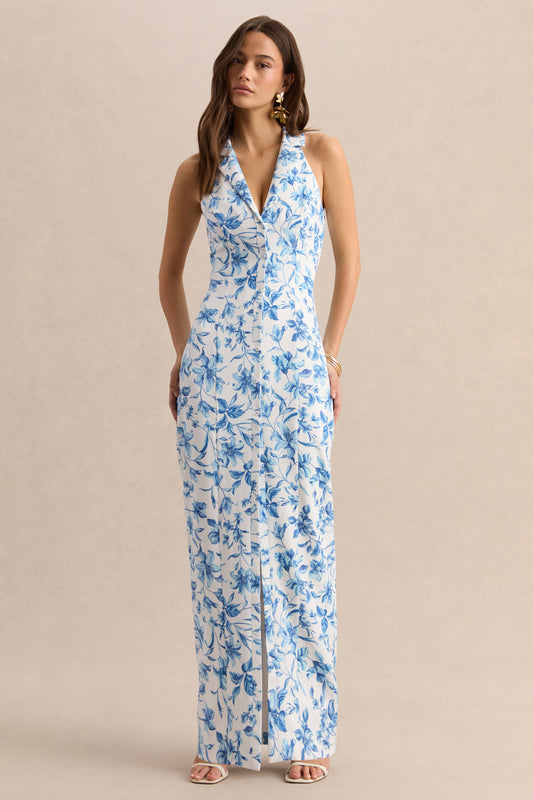 Quinn | Vestido Largo Azul Con Estampado De Porcelana De Crepé Premium Con Escote Profundo