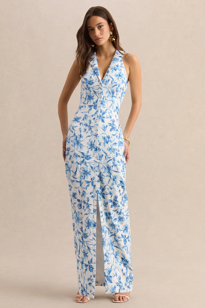 Quinn | Vestido Largo Azul Con Estampado De Porcelana De Crepé Premium Con Escote Profundo