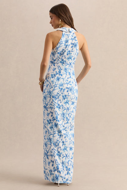 Quinn | Vestido Largo Azul Con Estampado De Porcelana De Crepé Premium Con Escote Profundo