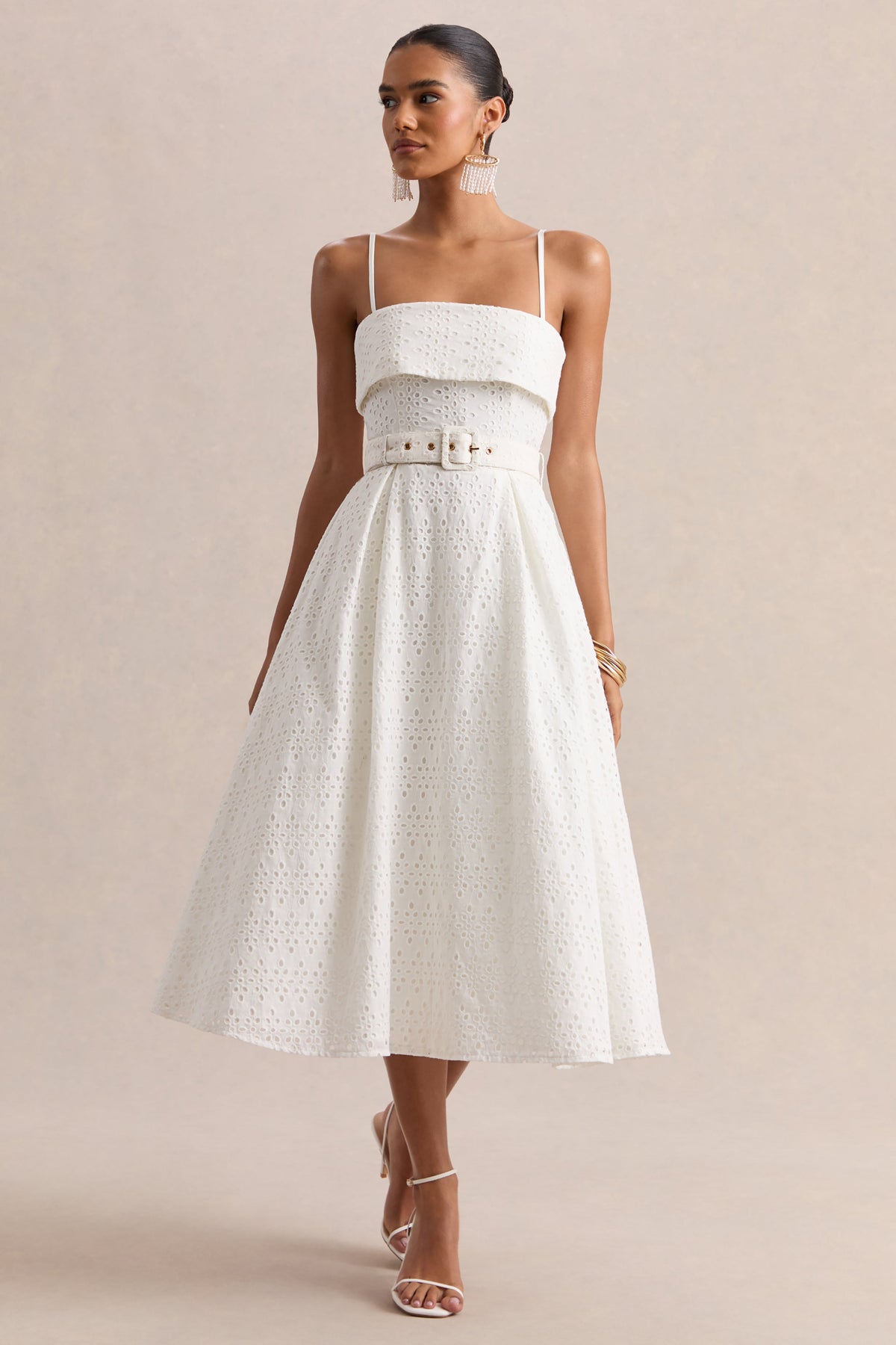 Zoeva | Vestido Midi Con Escote Cuadrado Y Cintura Cinturón De Broderie Crema
