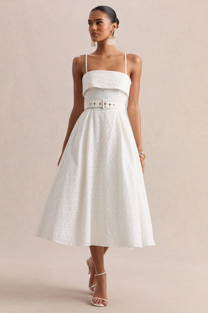 Zoeva | Vestido Midi Con Escote Cuadrado Y Cintura Cinturón De Broderie Crema