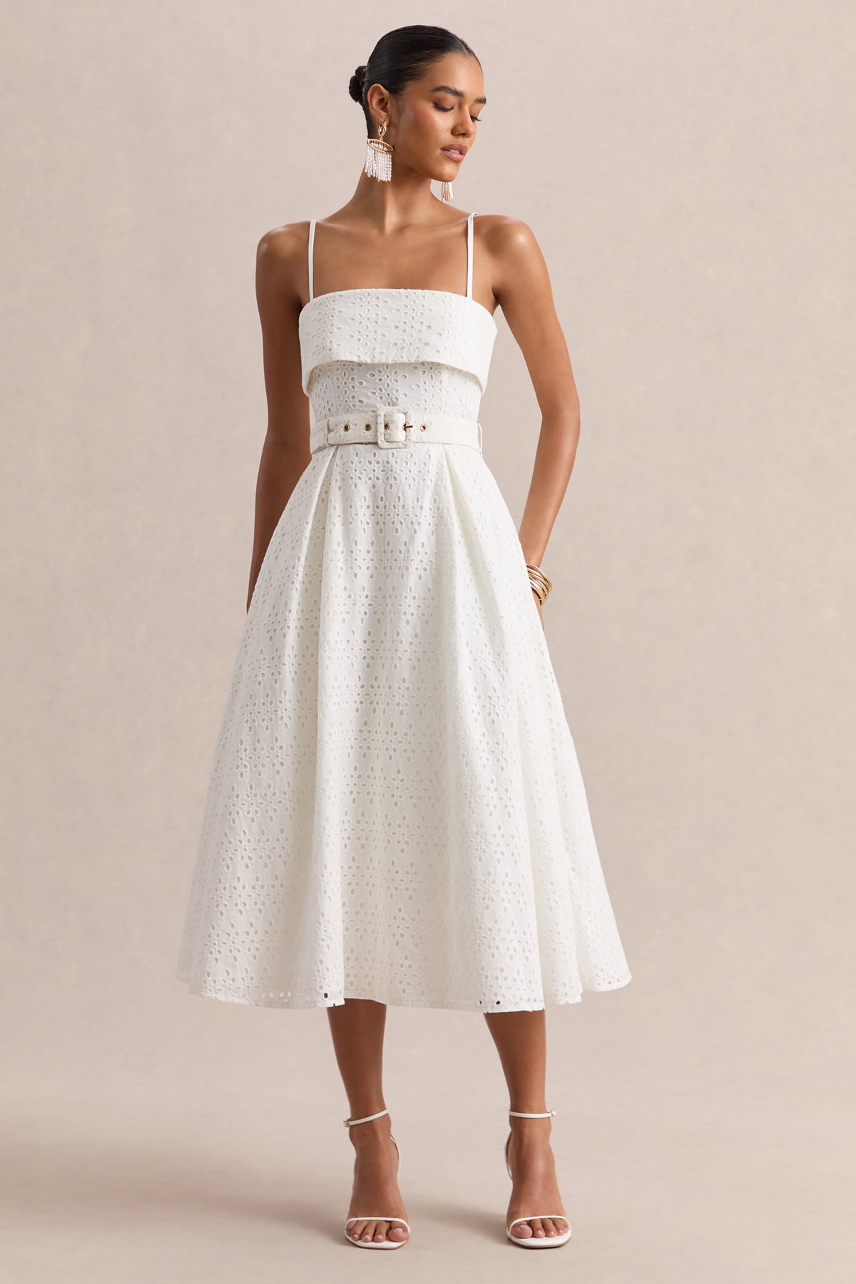 Zoeva | Vestido Midi Con Escote Cuadrado Y Cintura Cinturón De Broderie Crema