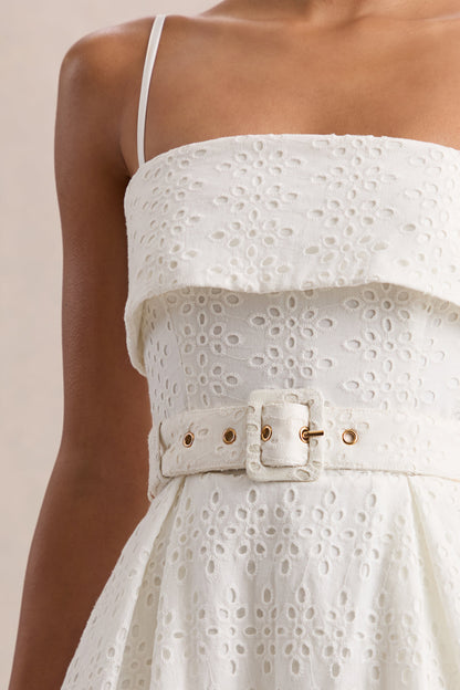Zoeva | Vestido Midi Con Escote Cuadrado Y Cintura Cinturón De Broderie Crema