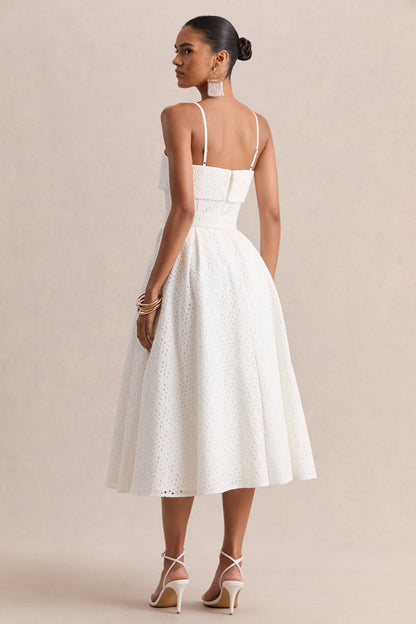 Zoeva | Vestido Midi Con Escote Cuadrado Y Cintura Cinturón De Broderie Crema