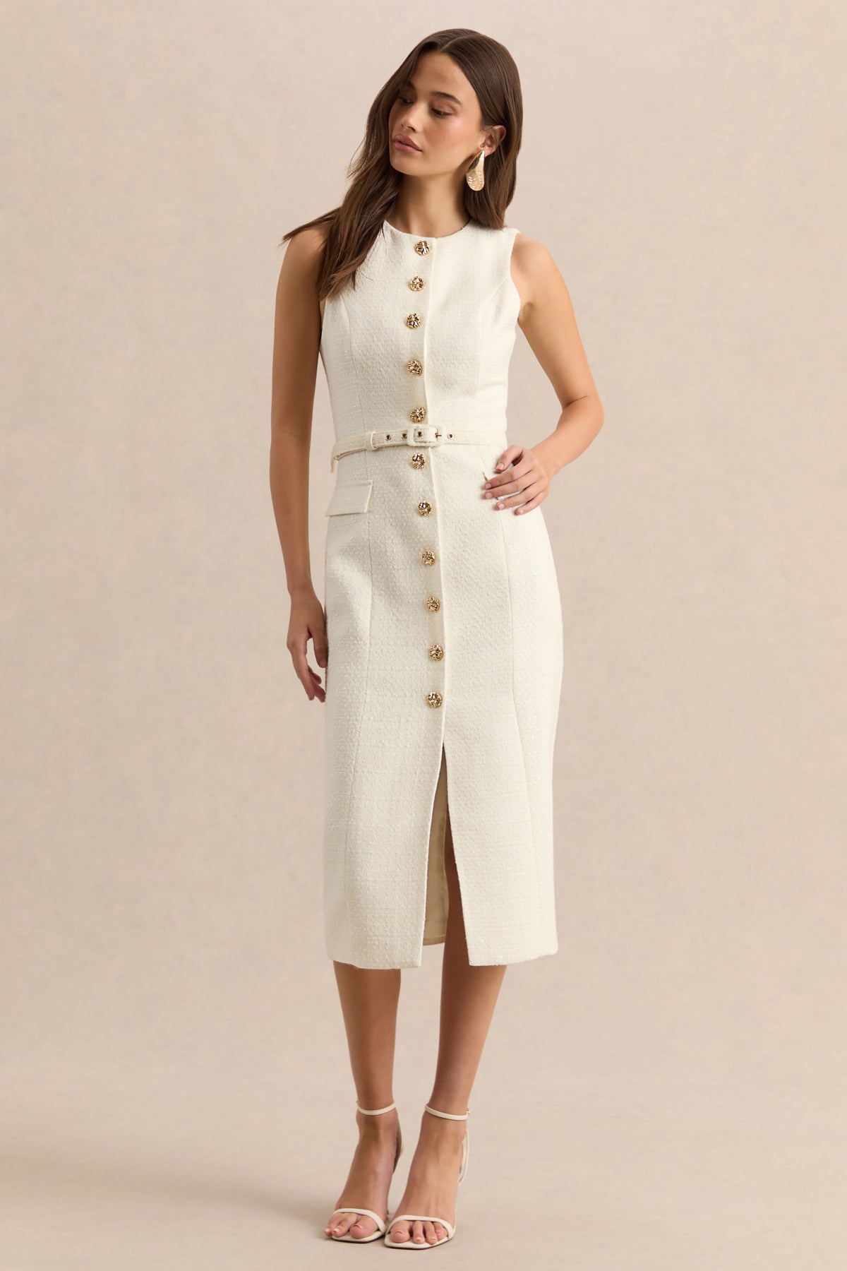Clea | Vestido Midi Crema Con Escote Redondo, Cinturón Y Bolsillos Delanteros