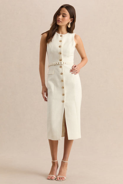 Clea | Vestido Midi Crema Con Escote Redondo, Cinturón Y Bolsillos Delanteros