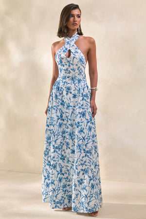 Liana | Vestido Largo Azul Con Estampado Porcelana Y Escote Halter