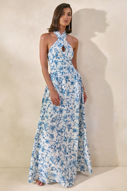 Liana | Vestido Largo Azul Con Estampado Porcelana Y Escote Halter