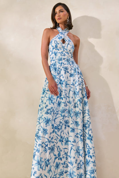 Liana | Vestido Largo Azul Con Estampado Porcelana Y Escote Halter