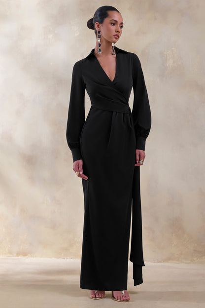 Vita | Vestido Largo Negro Con Escote Pronunciado Y Detalle Cruzado
