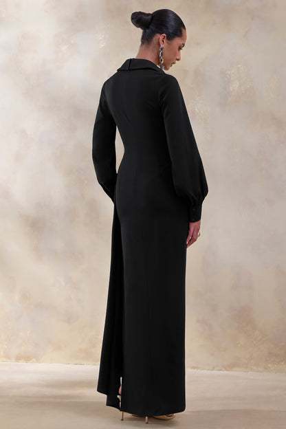 Vita | Vestido Largo Negro Con Escote Pronunciado Y Detalle Cruzado