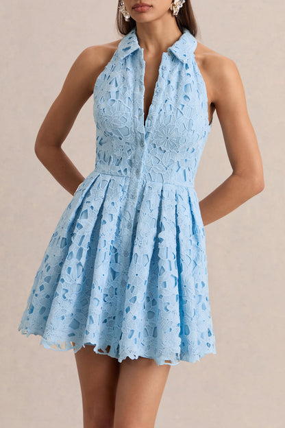 Milly | Vestido Corto De Encaje Azul Empolvado Con Escote Halter