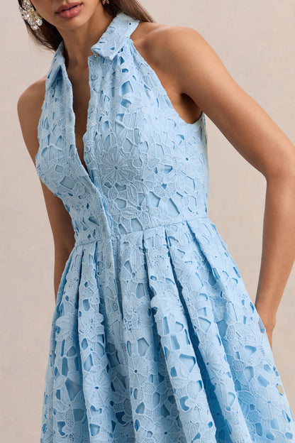 Milly | Vestido Corto De Encaje Azul Empolvado Con Escote Halter