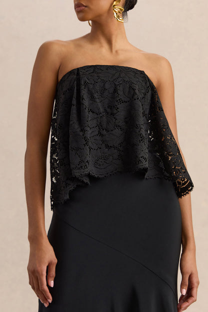 Clemency | Negro Encaje y Satén Bandeau Vestido Largo