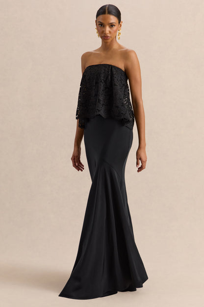 Clemency | Negro Encaje y Satén Bandeau Vestido Largo