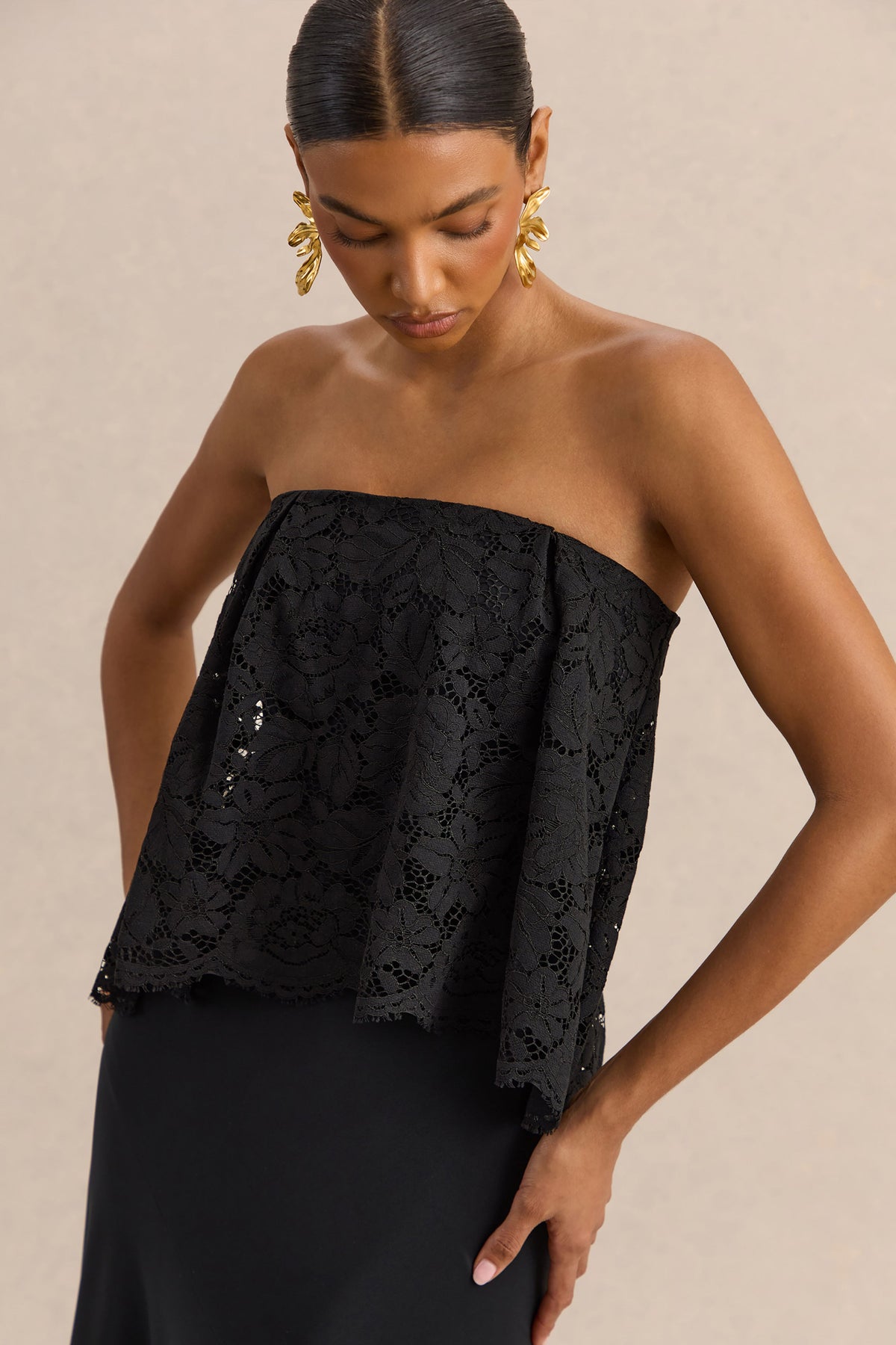 Clemency | Negro Encaje y Satén Bandeau Vestido Largo