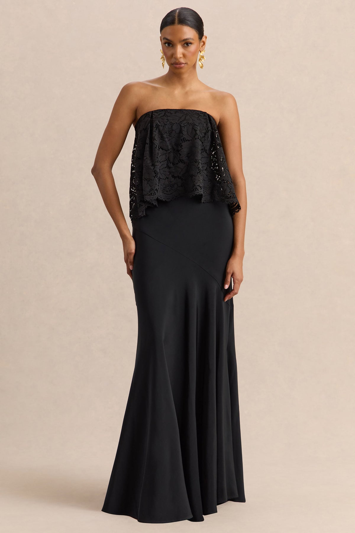 Clemency | Negro Encaje y Satén Bandeau Vestido Largo