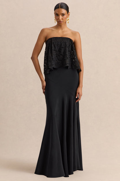 Clemency | Negro Encaje y Satén Bandeau Vestido Largo