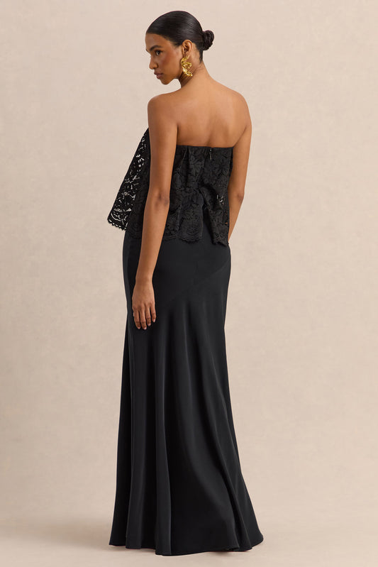 Clemency | Negro Encaje y Satén Bandeau Vestido Largo