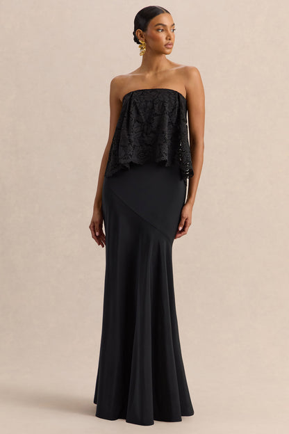 Clemency | Negro Encaje y Satén Bandeau Vestido Largo