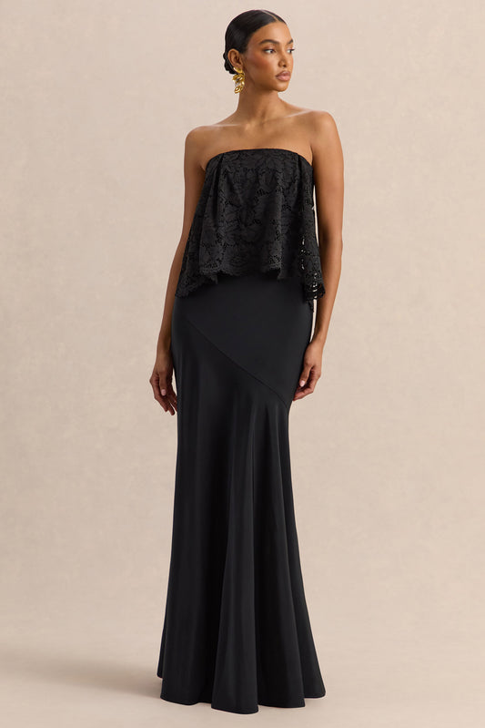 Clemency | Negro Encaje y Satén Bandeau Vestido Largo
