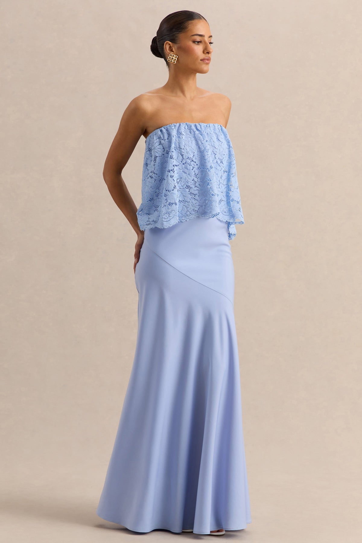 Clemency | Azul Celeste Encaje y Satén Bandeau Vestido Largo