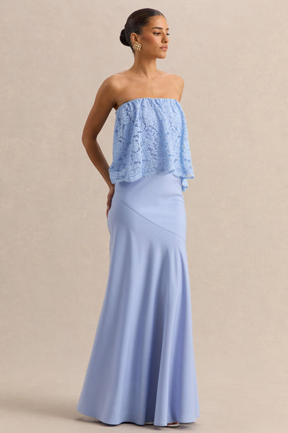 Clemency | Azul Celeste Encaje y Satén Bandeau Vestido Largo