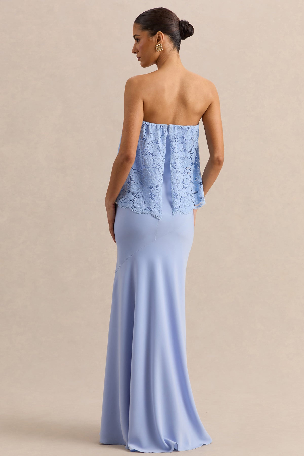 Clemency | Azul Celeste Encaje y Satén Bandeau Vestido Largo