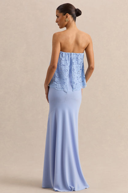 Clemency | Azul Celeste Encaje y Satén Bandeau Vestido Largo