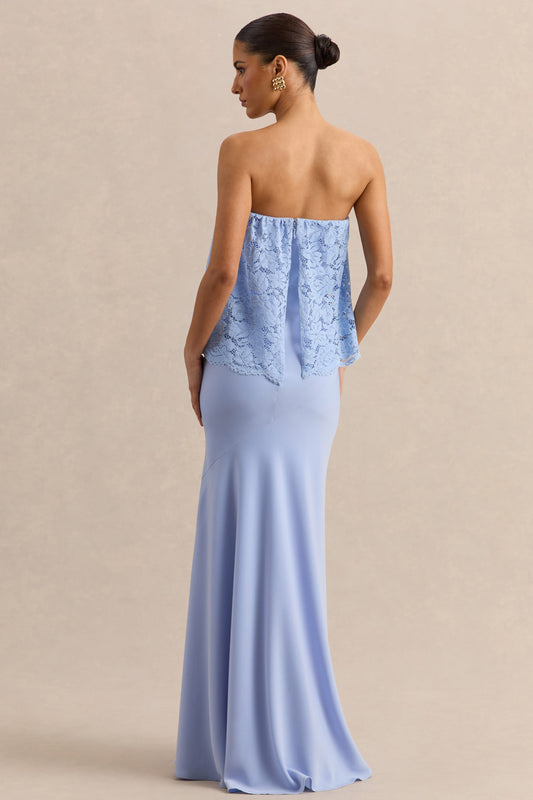 Clemency | Azul Celeste Encaje y Satén Bandeau Vestido Largo