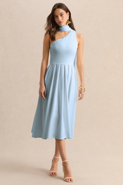 Odette | Vestido Midi Azul Polvo Con Escote Asimétrico Y Bufanda