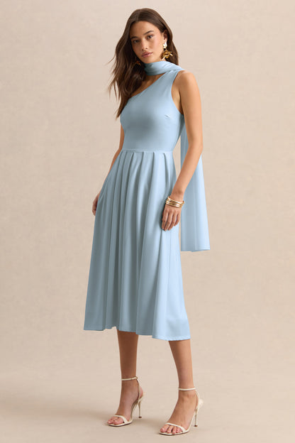 Odette | Vestido Midi Azul Polvo Con Escote Asimétrico Y Bufanda