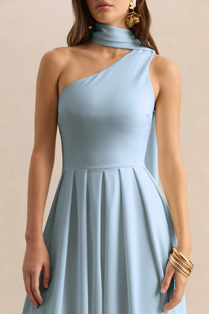Odette | Vestido Midi Azul Polvo Con Escote Asimétrico Y Bufanda