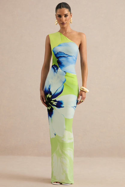 Niya | Vestido Largo De Estampado Floral Lima Y Azul Con Escote Asimétrico