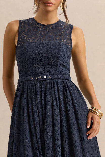 Anabella | Vestido Midi Azul marino de Encaje con Cuello Alto y Cinturón