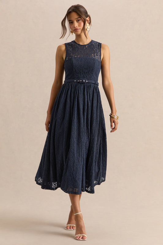 Anabella | Vestido Midi Azul marino de Encaje con Cuello Alto y Cinturón