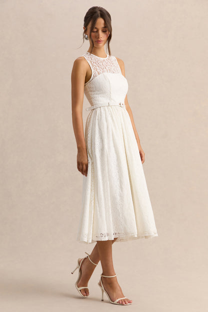 Anabella | Vestido Midi Blanco de Encaje con Cuello Alto y Cinturón