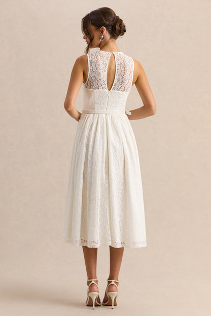 Anabella | Vestido Midi Blanco de Encaje con Cuello Alto y Cinturón