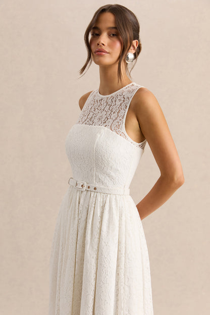 Anabella | Vestido Midi Blanco de Encaje con Cuello Alto y Cinturón