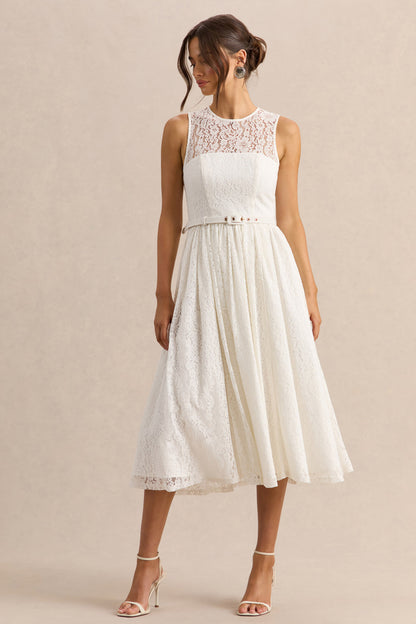 Anabella | Vestido Midi Blanco de Encaje con Cuello Alto y Cinturón