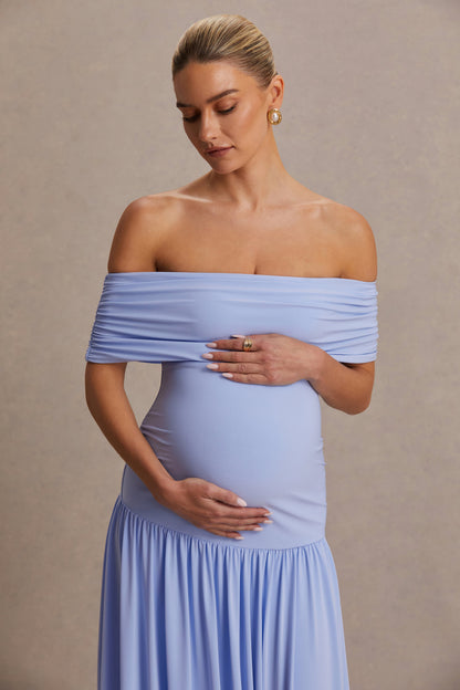 Juliette | Vestido largo azul polvo con escote Bardot y cintura caída