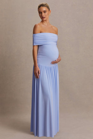 Juliette | Vestido largo azul polvo con escote Bardot y cintura caída