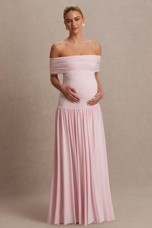 Juliette | Vestido largo rosado con escote Bardot y cintura caída